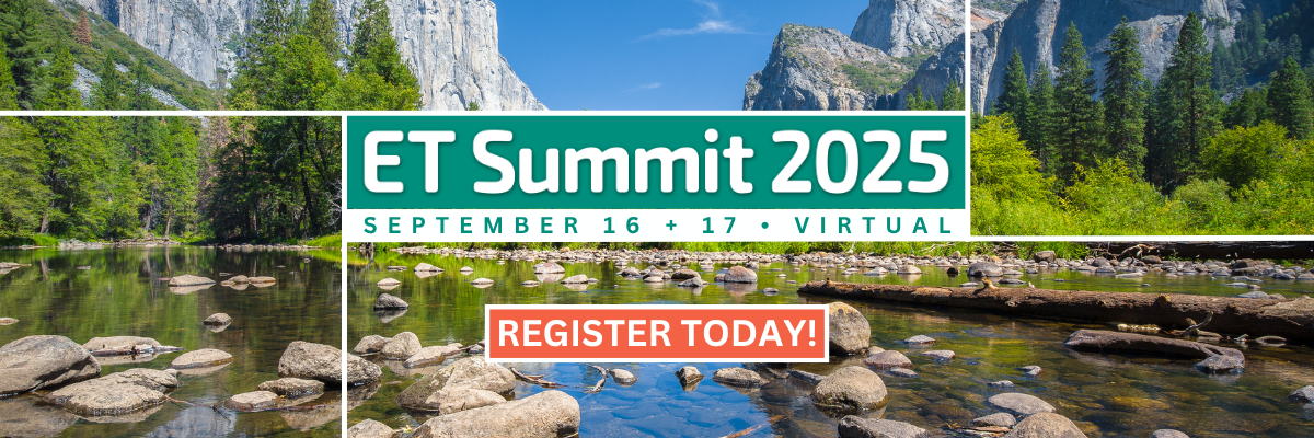 Wide horizontal banner showing mountains rising above a serene setting. Superimposed on the landscape are the words "ET Summit 2025: September 16 + 17, Virtual" and "Register Today!"